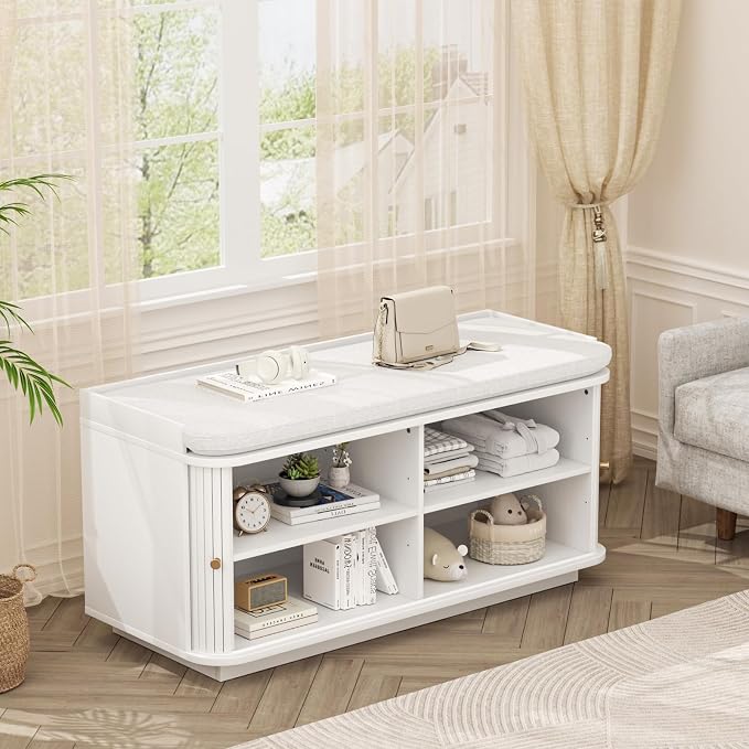 Hall Tree with Bench and Shoe Storage, Entryway Bench with Sliding Door Cabinet - Image 8