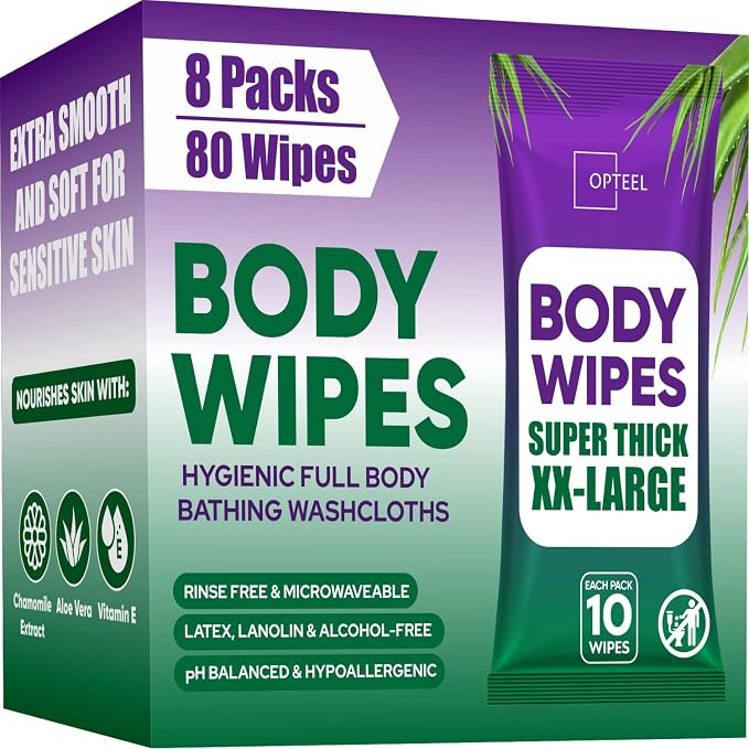 Thick & Large Body Wipes for Adults Bathing No Rinse – Shower Wipe, Women & by OPTEEL
