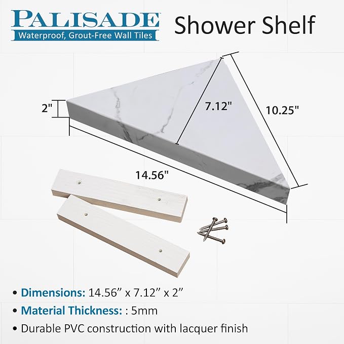 Palisade Vinyl Waterproof Corner Shower Shelf in Carrara Marble/Urban Glacier - Image 3