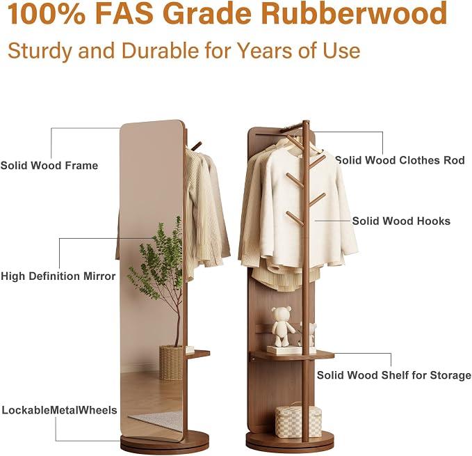 WoodsWhisper Full Length Mirror Coat Rack Solid Wood Floor Mirror 70"x16" Full - Image 7