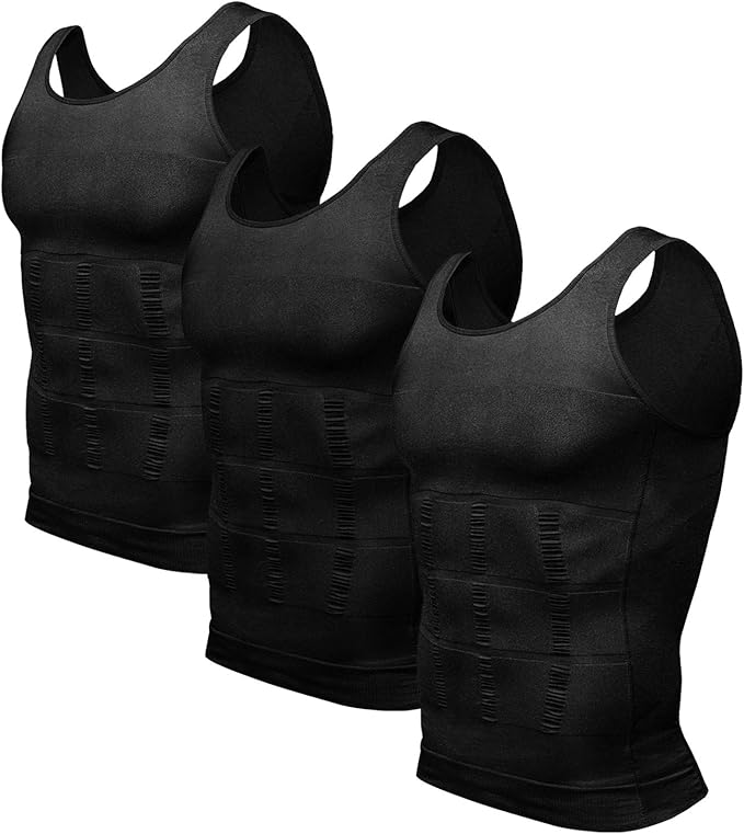 Odoland Mens 3 Pack Body Shaper Slimming Tummy Vest Thermal Compression Shirt by Odoland