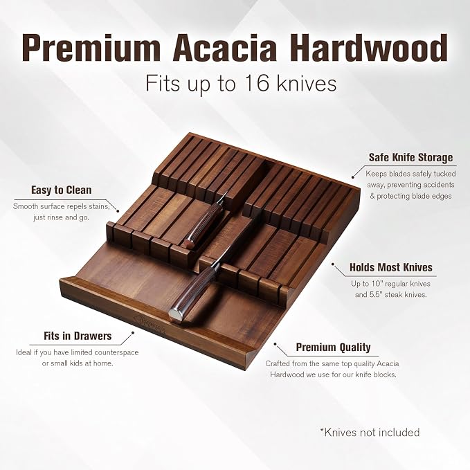 SENKEN In-Drawer Knife Block, Natural Acacia Wood Kitchen Knife Drawer Organizer - Image 5