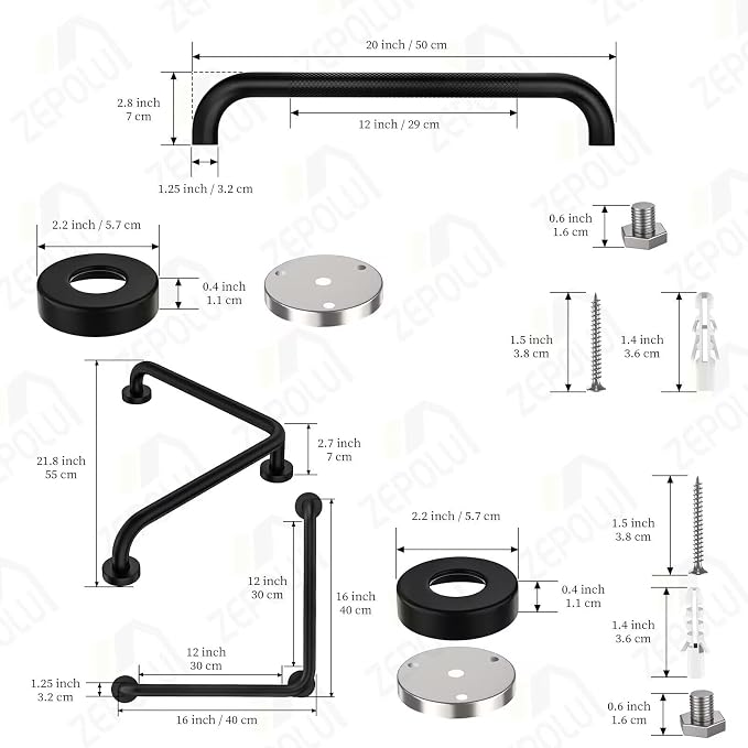 L-Shaped Shower Grab Bar 16x16 Inch, Zepolu Stainless Steel Matte Black Safety - Image 2