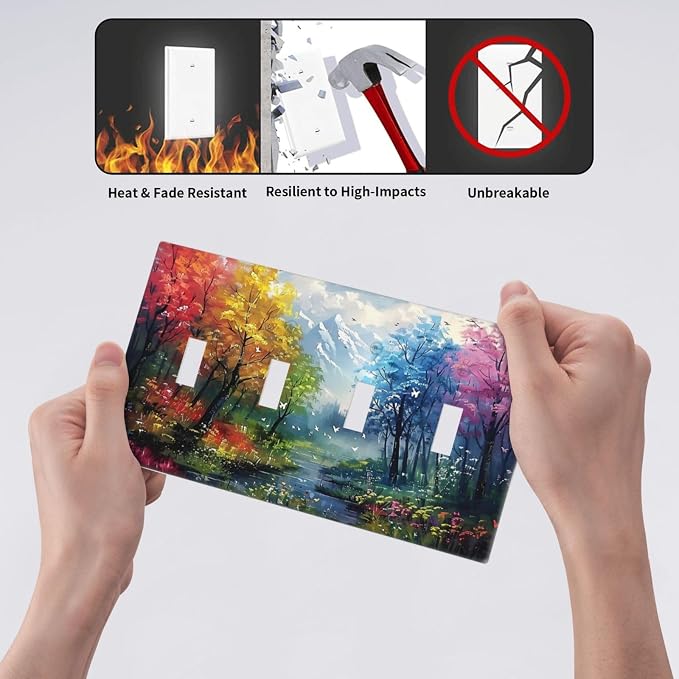 Colorful Forest Snow Mountain River Oil Painting Style Light Switch Covers Quad - Image 6