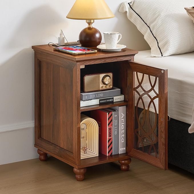 Narrow Side Table with Charging Station Set of 2, Night Stand with Glass Door - Image 7