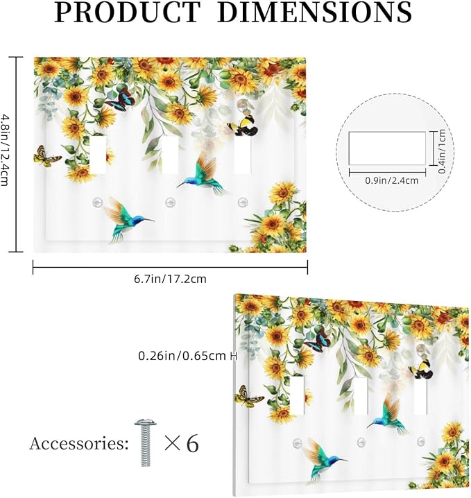 Yellow Sunflower Blue Hummingbird Butterfly 3 Gang Light Switch Covers - Image 5