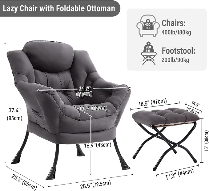 Lazy Chair with Ottoman, Modern Chair with Folding Footrest, Lounge Accent Chair - Image 2