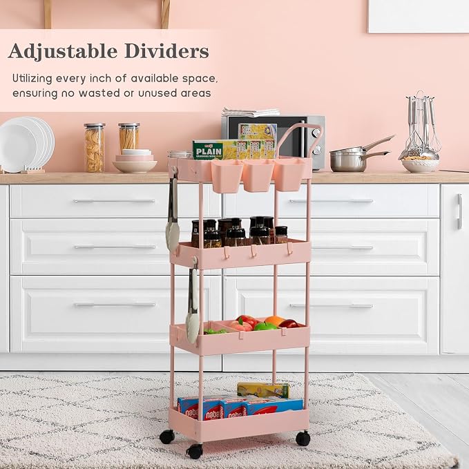 Danpinera 4-Tier Pink Slim Storage Cart, Narrow Laundry Cart - Image 7