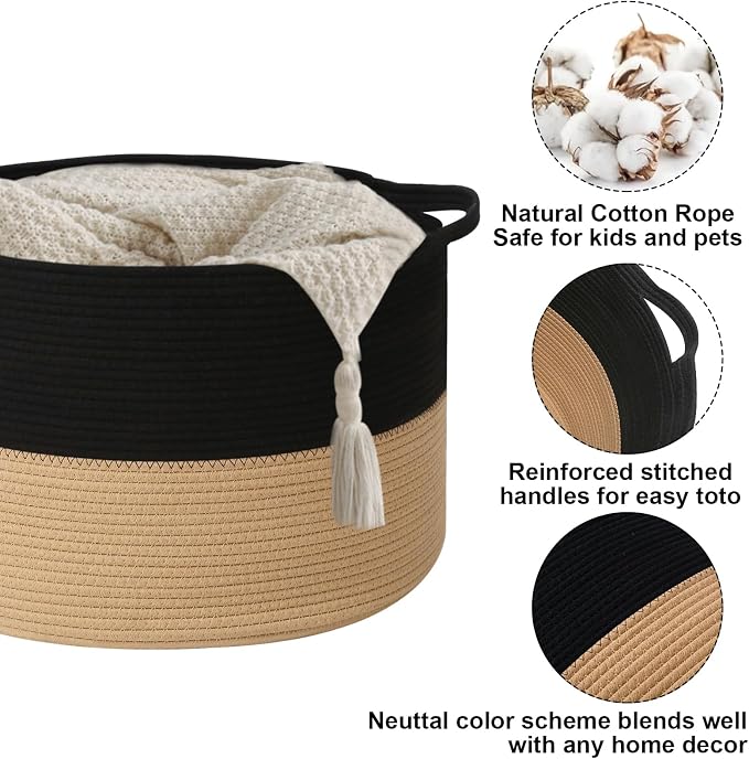 Large Storage Basket with Handle, 19.7" L x 19.7" W x 13" H Blanket Basket - Image 3