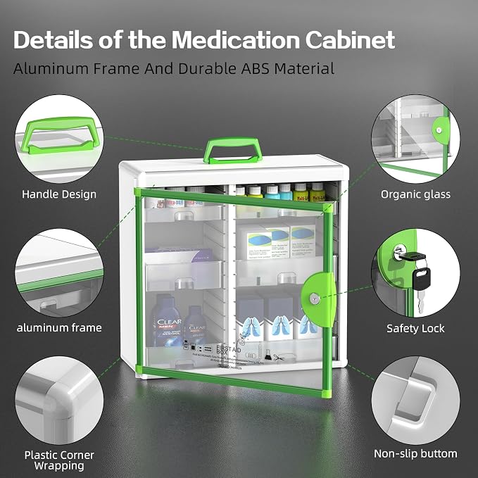 Glosen Medicine Cabinet with Key Wall Mounted Medication Lock Box 【 Green 15x - Image 3