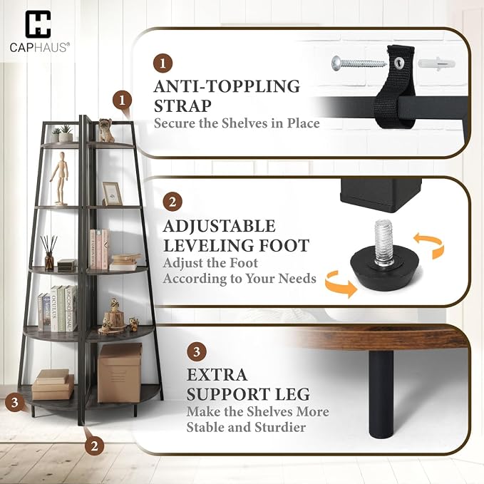 CAPHAUS Tall Corner Shelf Stand, 5-Tier Display Shelves, Ladder Corner Wood - Image 5