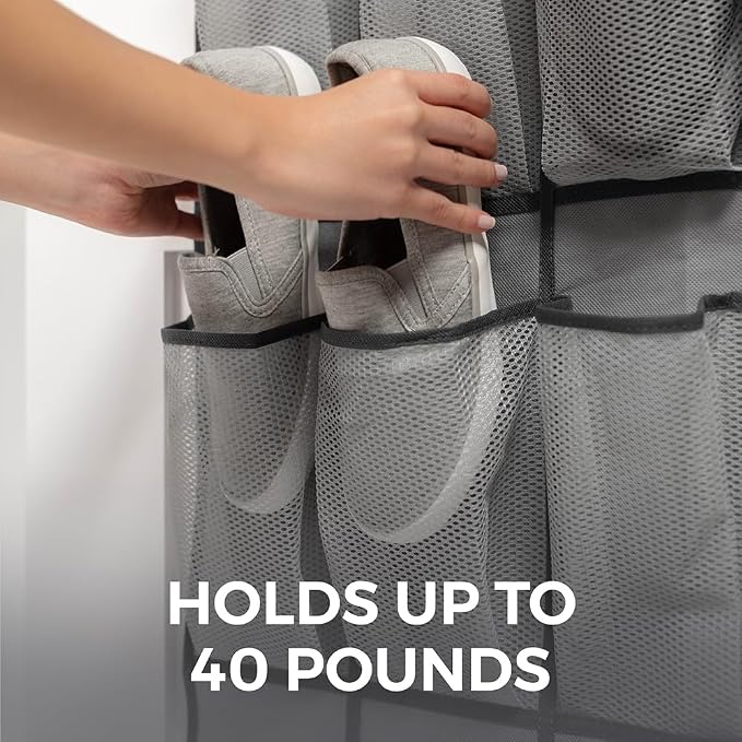 HOME GENIE Over the Door Hanging Shoe Organizer, 24 Breathable Mesh Pockets - Image 2