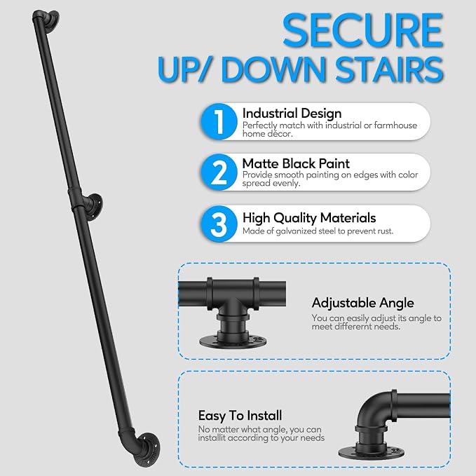 Pipe Stair Handrail, 8 Ft Metal Staircase Handrail, Wall Hand Railing, Safety - Image 2