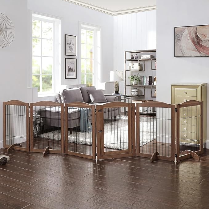 unipaws Pet Playpen with Wood and Wire, 6 Panels Extra Wide Freestanding Walk - Image 2