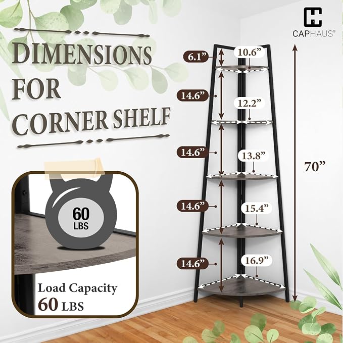 CAPHAUS Tall Corner Shelf Stand, 5-Tier Display Shelves, Ladder Corner Wood - Image 2
