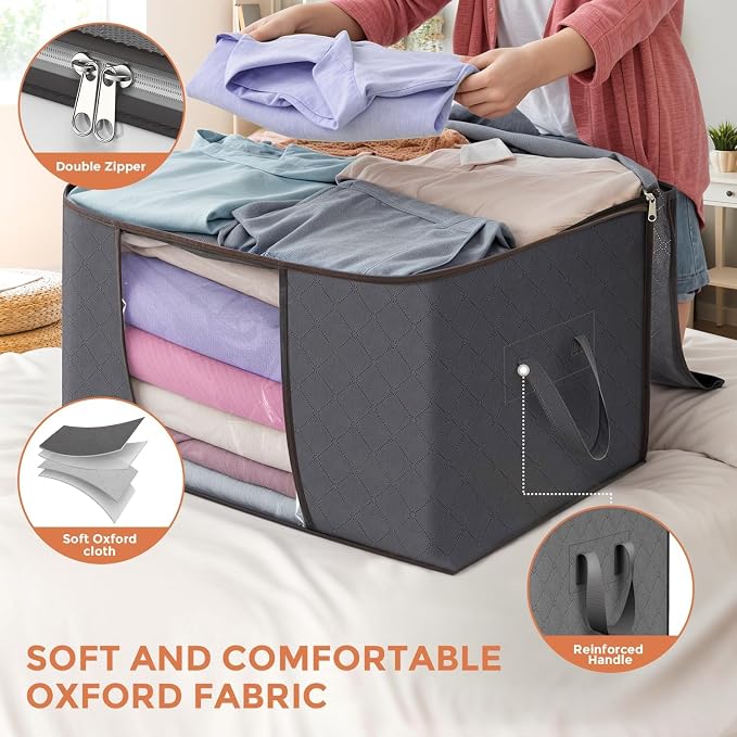 90 L Large Storage Bags, 6 Pack Clothes Storage Bins Foldable Closet Organizers - Image 4