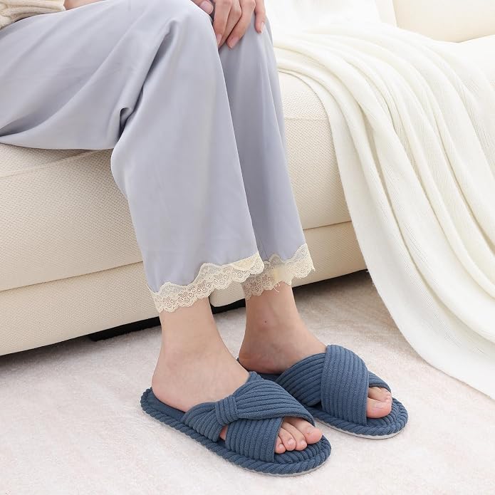 Evshine Fall House Slippers for Women Corduroy Cross Bow Indoor Slippers Open - Image 2