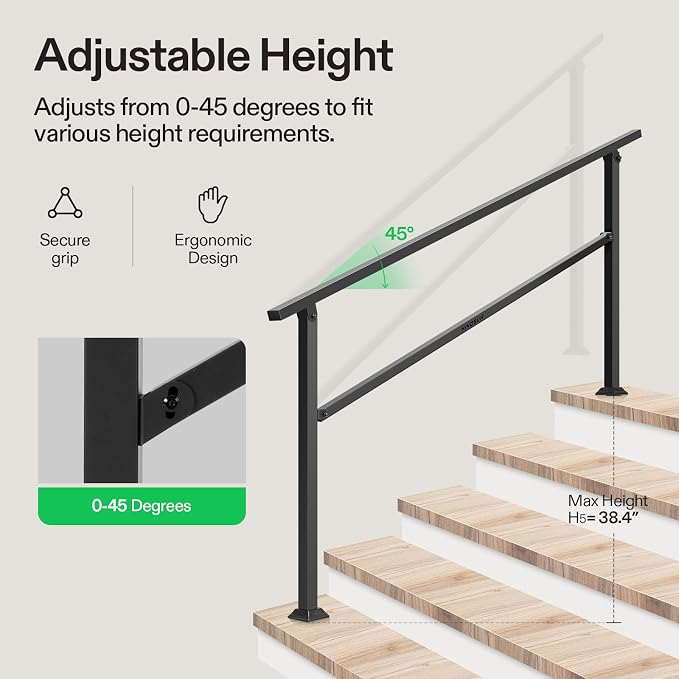 VIVOSUN Outdoor Handrail, 5 Step Stair Handrai, Wrought Mattle Iron Handrail - Image 4