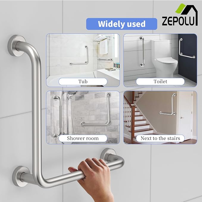 Brushed Nickel Angled Grab Bar 16 Inch, Zepolu Stainless Steel L-Shaped Safety - Image 5