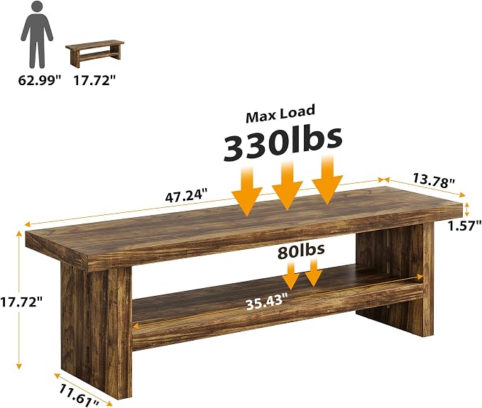 2 Tier Entryway Bench, 47.24" Shoe Bench, Rustic Shoe Rack, Wooden Storage Bench - Image 2