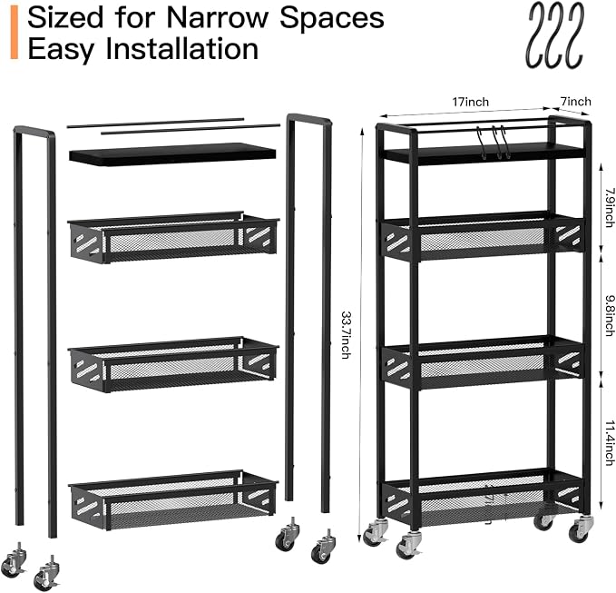 DGSNADGO Slim Rolling Storage Cart, 4-Tier Kitchen Cart on Wheels, Narrow - Image 3
