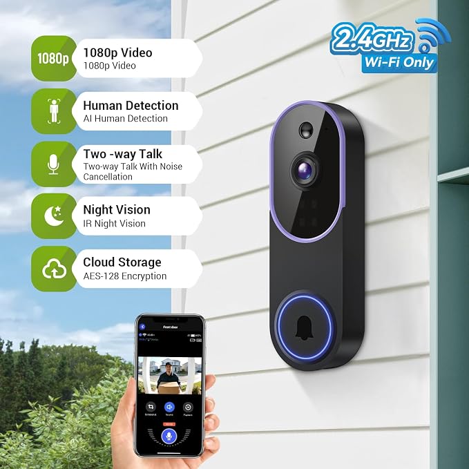 1080P Wireless Video Doorbell Camera, Smart Outdoor Surveillance Cam, FHD Live - Image 2