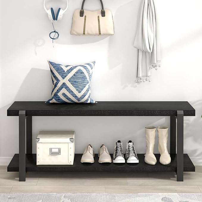 EXCEFUR Entryway Bench, Modern Wood and Metal Storage Bench - Image 7