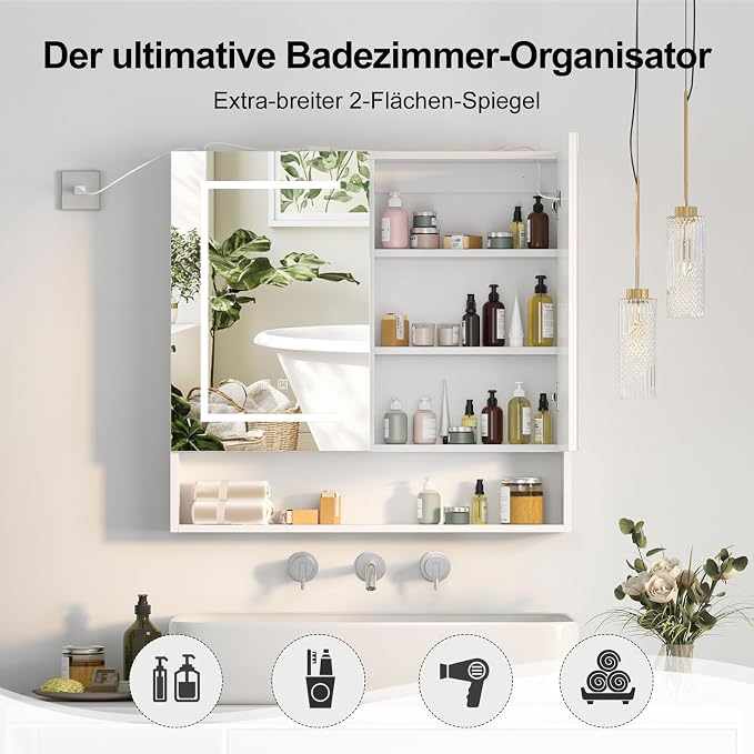 Lighted Medicine Cabinet with 2 Doors, Large Led Medicine Cabinet with Mirror - Image 5