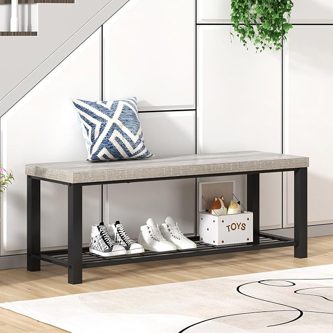 FOLUBAN Entryway Bench, Rustic Wood and Metal Shoe Storage Bench - Image 4