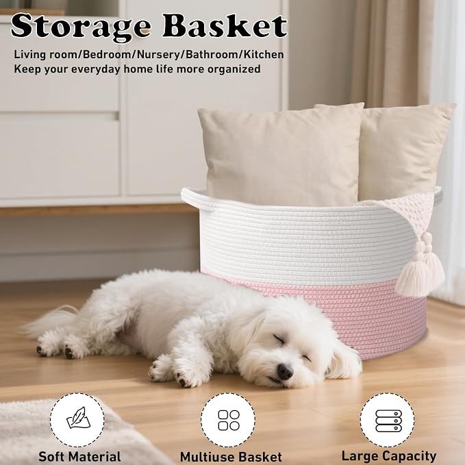 Large Storage Basket with Handle, 19.7" L x 19.7" W x 13" H Blanket Basket - Image 4