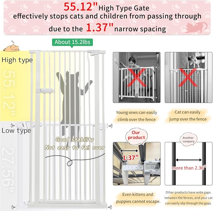 Lumizone Extra Tall Cat Gate 55.12" High Pressure Mounted Extra Wide 2025 New - Image 4