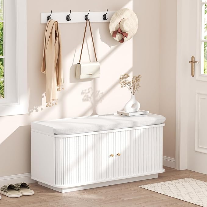 Hall Tree with Bench and Shoe Storage, Entryway Bench with Sliding Door Cabinet by Unknown
