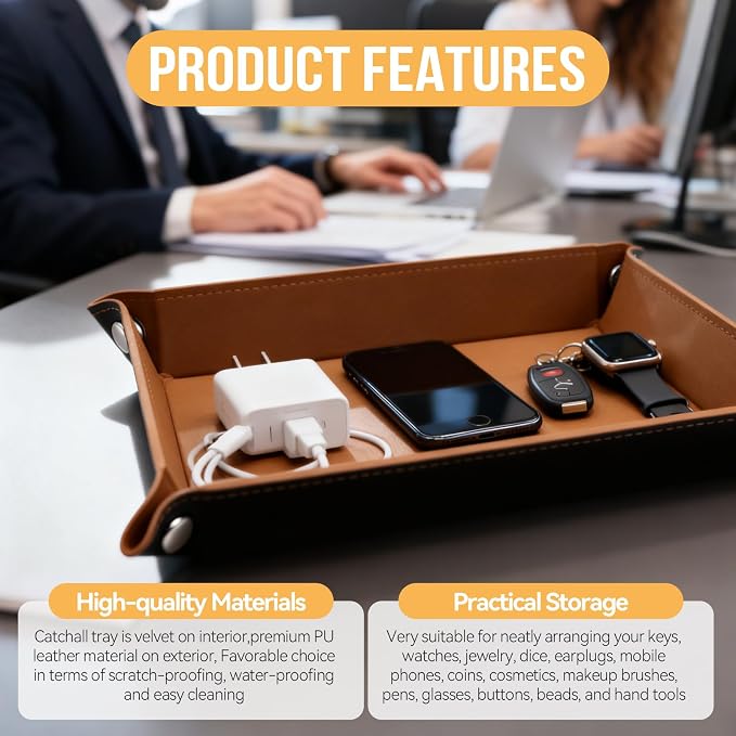 PU Leather Jewelry Valet Tray for Women and Men, Premium Catchall Tray for Keys - Image 4