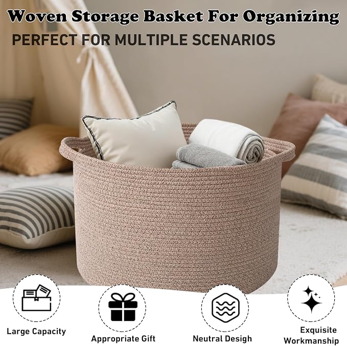 Large Storage Basket with Handle, 19.7" L x 19.7" W x 13" H Blanket Basket - Image 6
