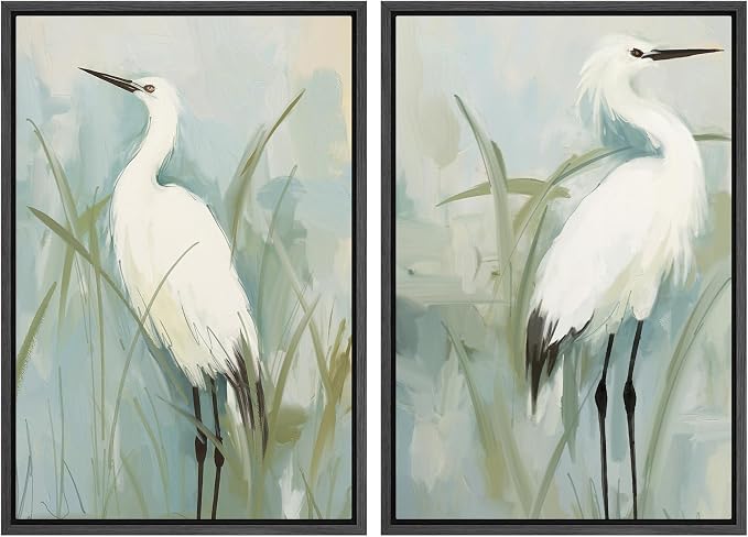 MUDECOR Framed Canvas Print Wall Art White Heron Pair in Marsh Coastal by MUDECOR