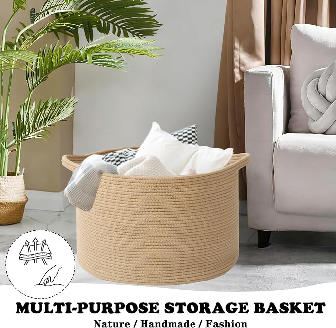 Large Storage Basket with Handle, 19.7" L x 19.7" W x 13" H Blanket Basket - Image 5