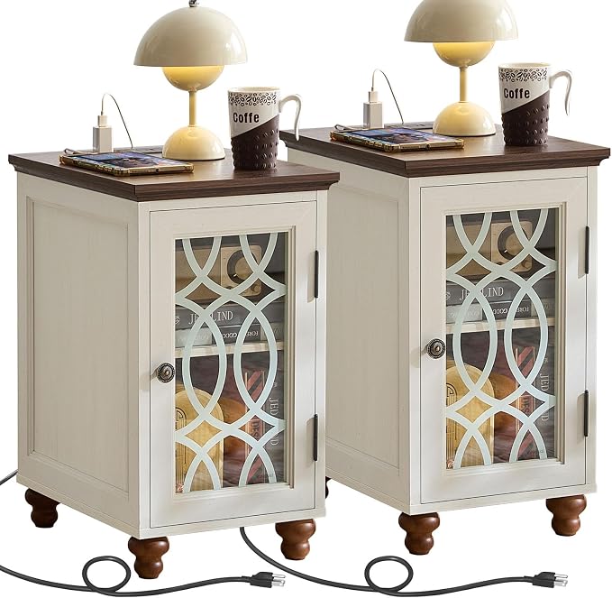 Narrow Side Table with Charging Station Set of 2, Night Stand with Glass Door by Joaxswe