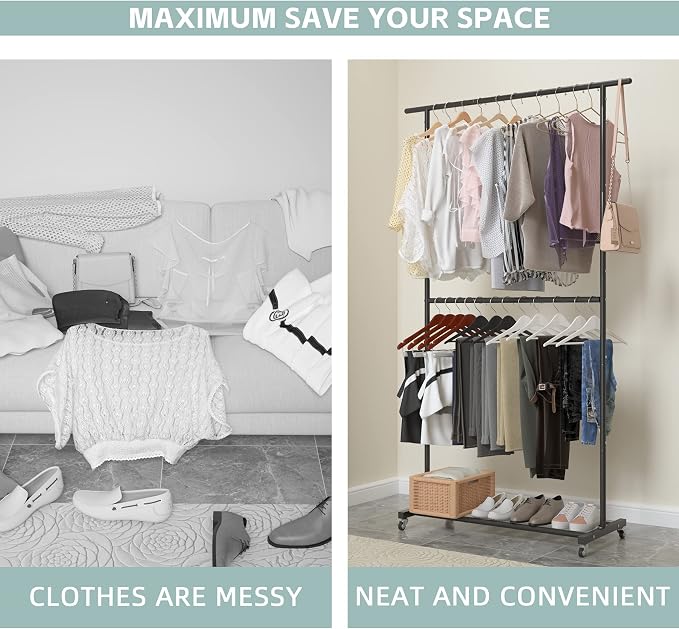 Sywhitta Double Rod Clothing Garment Rack, Rolling Clothes Organizer on Wheels - Image 8