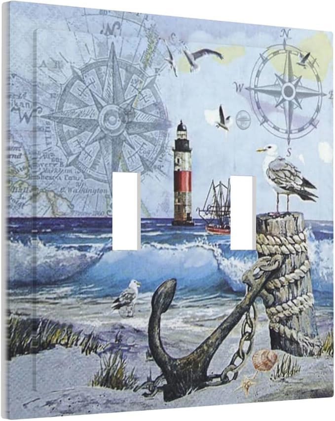 Light Switch Cover Sea Ocean Sand Coast Compass Ship Lighthouse Anchor 2 Gang - Image 2