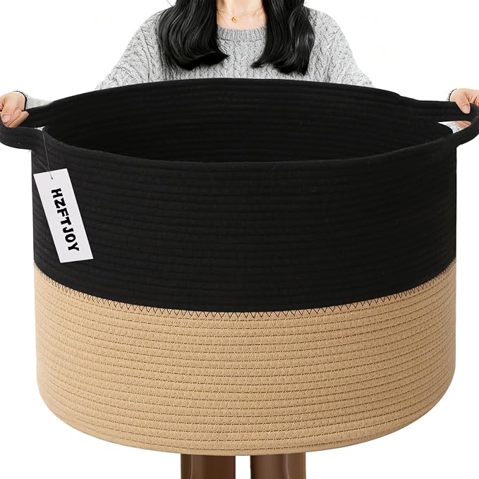 Large Storage Basket with Handle, 19.7" L x 19.7" W x 13" H Blanket Basket by HZFTJOY