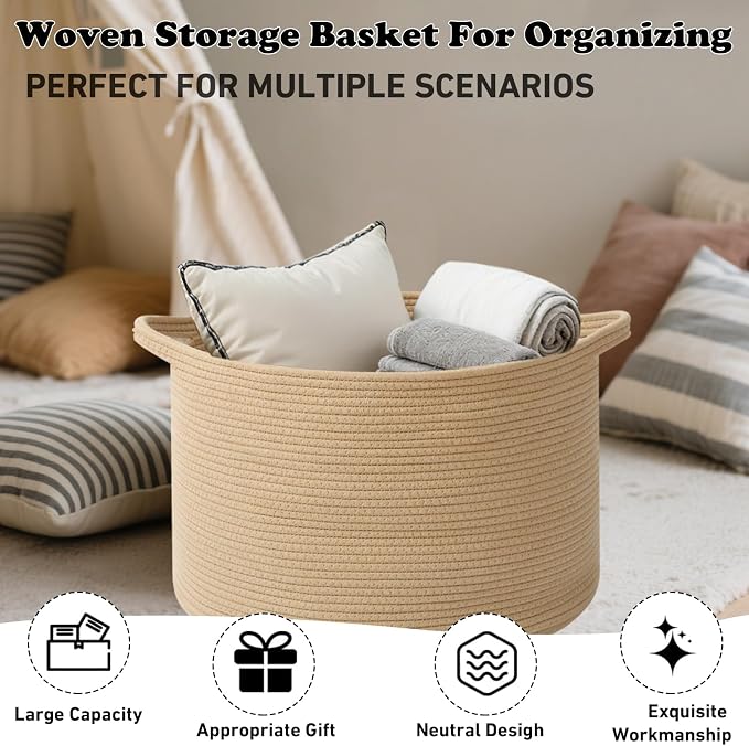 Large Storage Basket with Handle, 19.7" L x 19.7" W x 13" H Blanket Basket - Image 6
