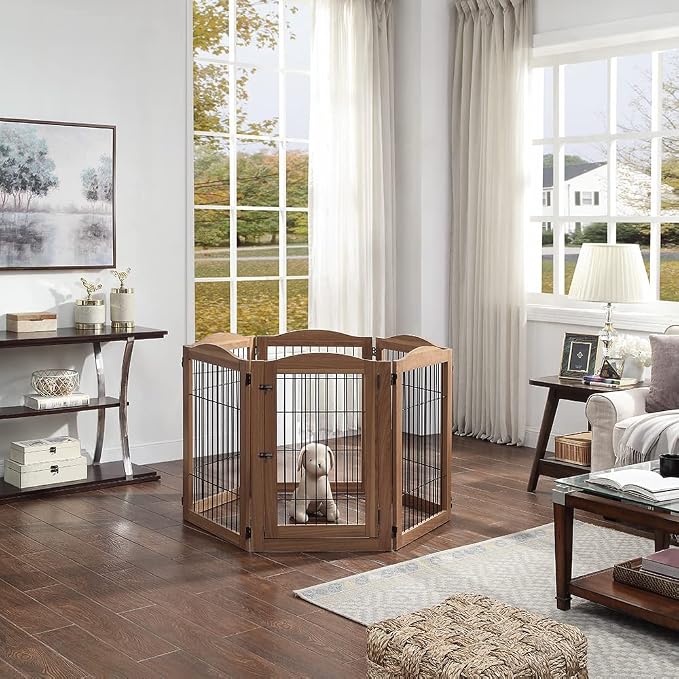 unipaws Pet Playpen with Wood and Wire, 6 Panels Extra Wide Freestanding Walk - Image 3