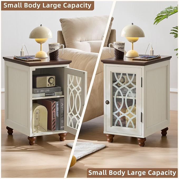 Narrow Side Table with Charging Station Set of 2, Night Stand with Glass Door - Image 8
