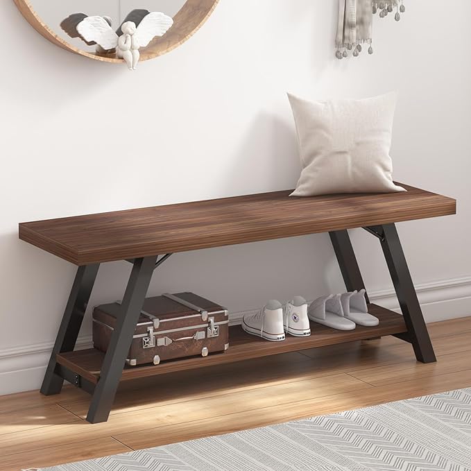 LVB Wood Entryway Bench, Industrial Metal Indoor Shoe Rack, Wooden Storage Bench by LVB