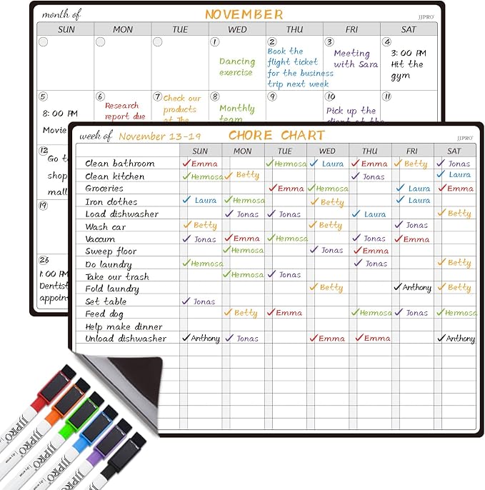 JJPRO Magnetic Dry Erase Chore Chart and Monthly Planner Whiteboard Bundle by JJPRO
