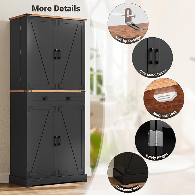 ELYKEN 72" Pantry Cabinet, Sliding Rack & Door Shelf - Image 7
