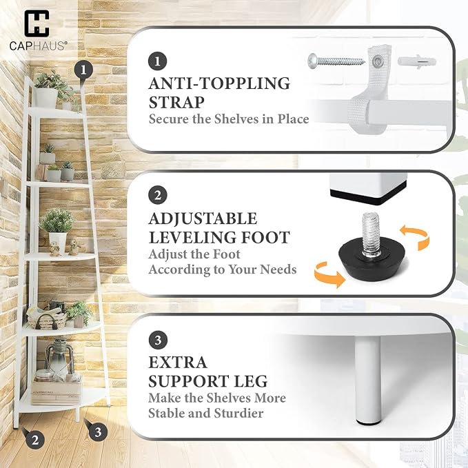 CAPHAUS Tall Corner Shelf Stand, 5-Tier Display Shelves, Ladder Corner Wood - Image 5