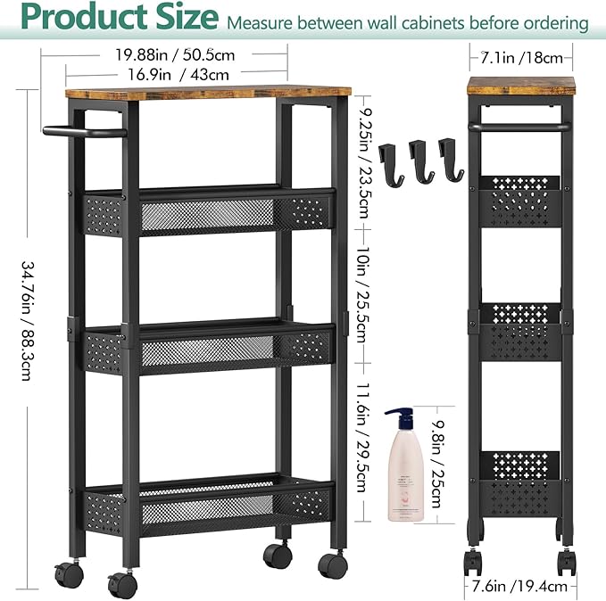 Utility Slim Storage Cart with Wheels, 4 Tier Small Rolling Cart with Wood Top - Image 5