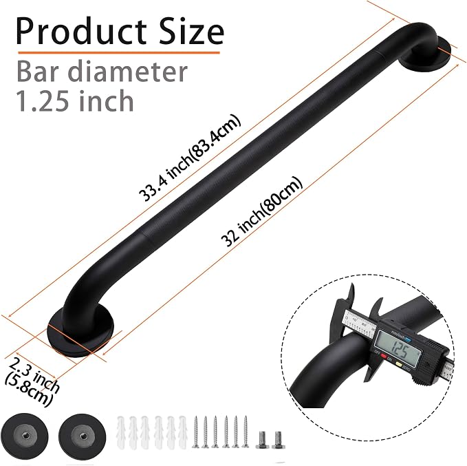 Shower Grab Bar, 2 Pack 32 Inch Black Bathroom Grab Bar, 1.25" Diameter 304 - Image 2