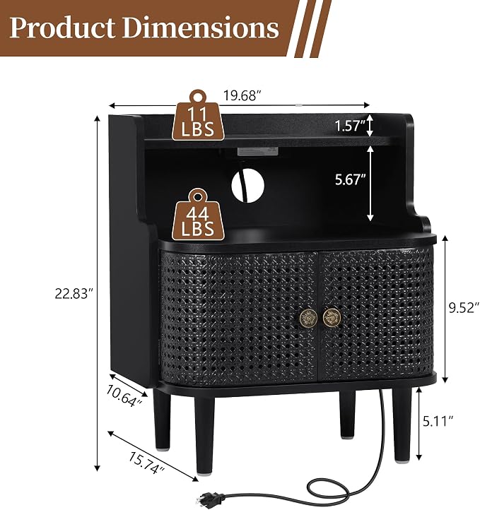 Metal Rattan End Table with Charging Station, Mid Century Modern Nightstand - Image 3